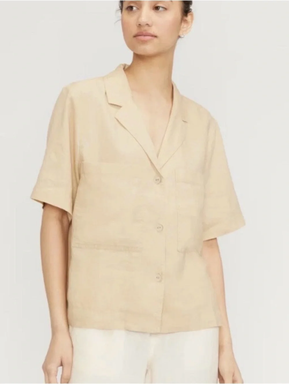 Everlane Women Tan Brown Linen Workwear Shirt Blouse Neutral Size S Short Sleeve